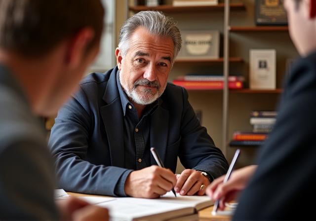 Lo scrittore Marco Vichi mentre firma copie del suo libro.