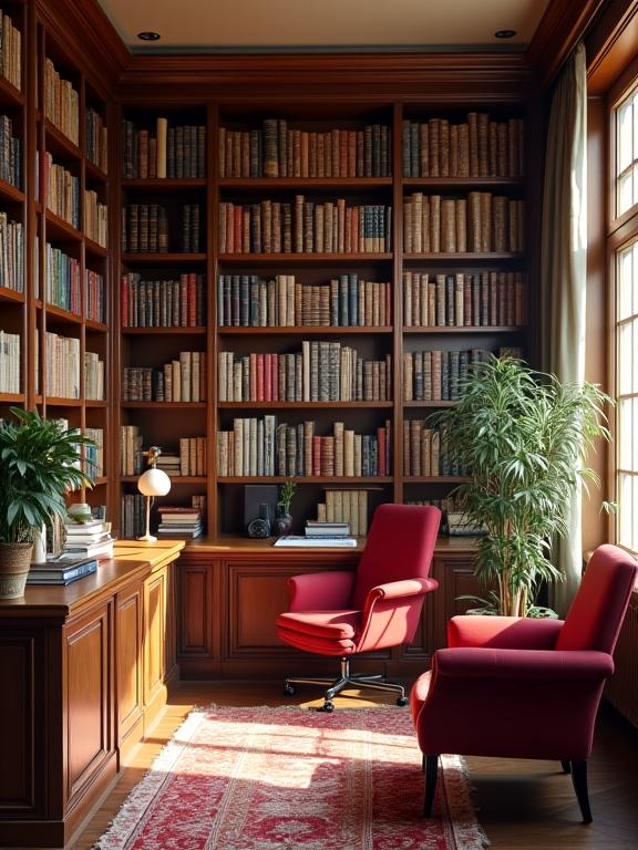 Interno dell'ufficio di Fioritura d'Omero con scaffali pieni di libri e luce naturale.