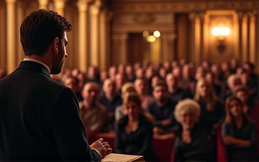 Pubblico attento durante una lettura di poesie in una sala storica.