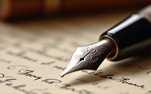 Primo piano di una penna stilografica su un manoscritto.